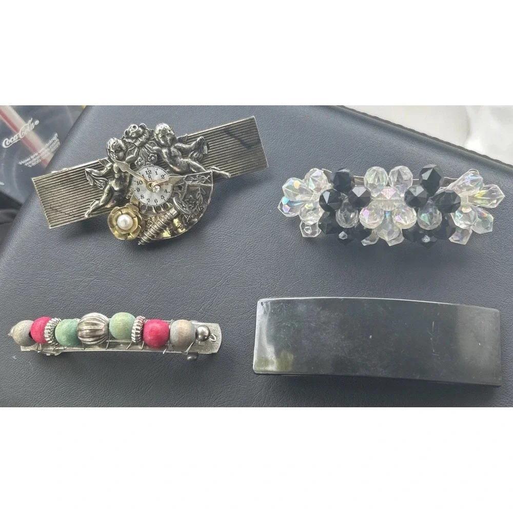 Lot Of 4 Vintage Hair Clips Steampunk Cherub, Wooden Beads, Crystal, Black. READ
